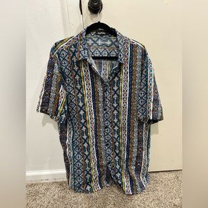 Vat Pave tribal print night short sleeve button down, cotton mix, XL